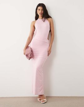 Aria Cove Aria Cove double layered slinky high neck open back detail maxi dress in pink