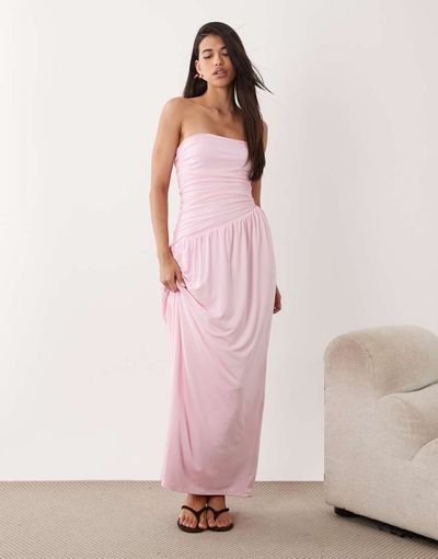 Aria Cove Aria Cove double layered slinky strapless asymmetric hem ruched side detail maxi dress in baby pink