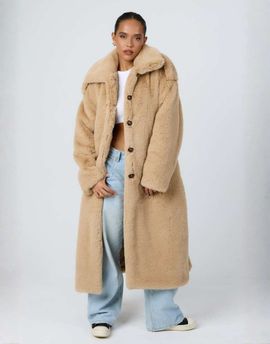 Aria Cove Aria Cove faux fur button detailing collared belted maxi coat in camel-Neutral