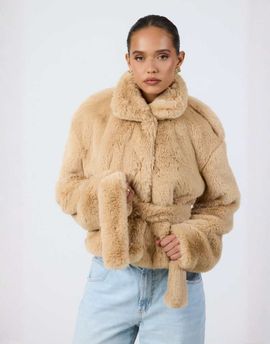 Aria Cove Aria Cove faux fur funnel neck belted jacket in camel-Neutral