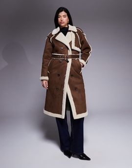 Aria Cove Aria Cove faux suede shearling look trim belted longline coat in chocolate & cream-Brown