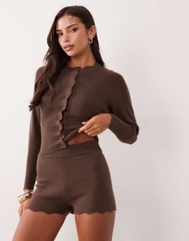 Aria Cove Aria Cove fine knit scallop hem mini short set in chocolate-Brown