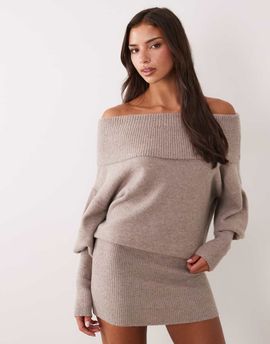 Aria Cove Aria Cove foldover bardot balloon sleeve mini sweater dress in oat-NEUTRAL