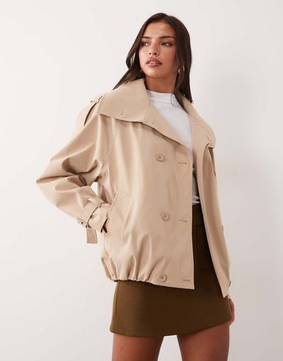 Aria Cove Aria Cove funnel neck belt sleeve cropped trench bomber jacket in tan-Brown