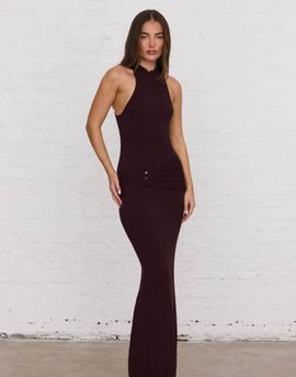 Aria Cove Aria Cove high neck belt detail maxi dress in chocolate-Brown