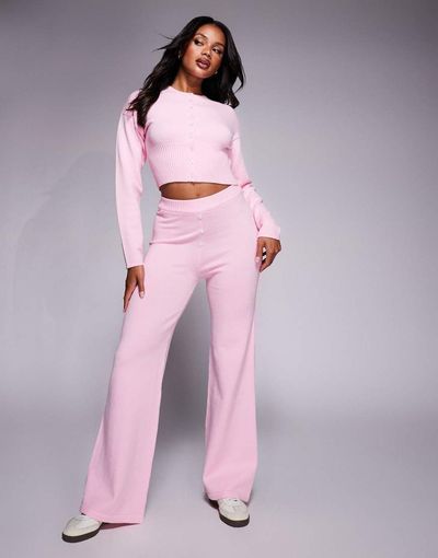 Aria Cove Aria Cove knit boxer style button detail wide leg pants in pink - part of a set