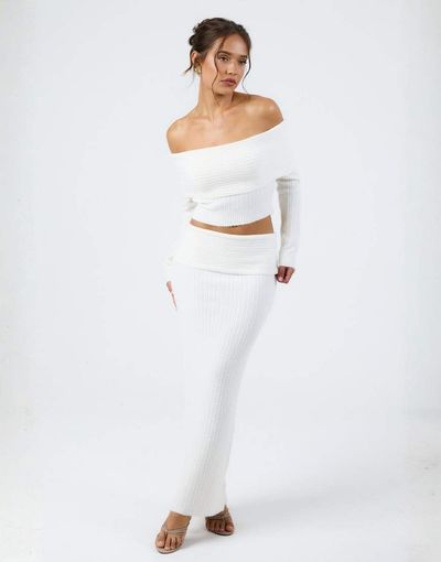 Aria Cove Aria Cove knit low waist fold over maxi skirt in cream - part of a set-White