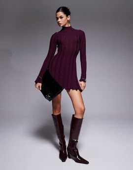 Aria Cove Aria Cove knitted high neck wide rib ruffle mini dress in burgundy-Red