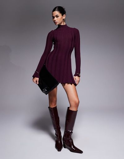 Aria Cove Aria Cove knitted high neck wide rib ruffle mini dress in burgundy-Red