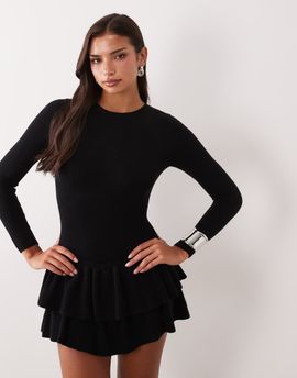 Aria Cove Aria Cove knitted long sleeve ruffle skirt mini dress in black