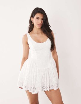 Aria Cove Aria Cove lace scoop neck corset detail frill hem mini dress in white