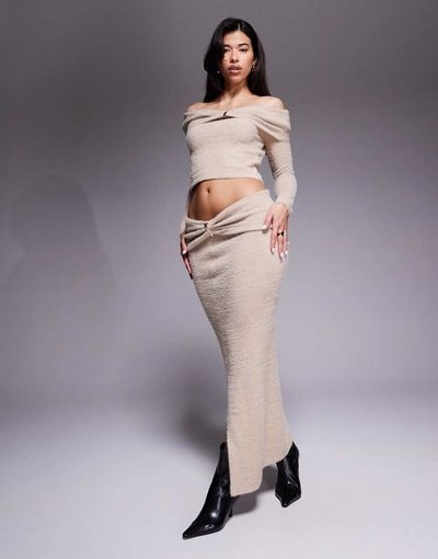 Aria Cove Aria Cove metal detail foldover fluffy knit maxi skirt in beige - part of a set-Neutral