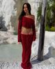 Aria Cove Aria Cove open crochet off shoulder flare sleeve beach crop top in burgundy - part of a set-Red - 1