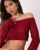 Aria Cove Aria Cove open crochet off shoulder flare sleeve beach crop top in burgundy - part of a set-Red - 3