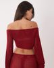 Aria Cove Aria Cove open crochet off shoulder flare sleeve beach crop top in burgundy - part of a set-Red - 4