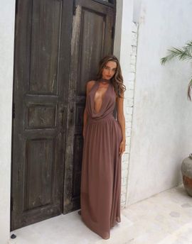 Aria Cove Aria Cove plunge cowl neck wrap scarf detail maxi dress in mocha-Brown