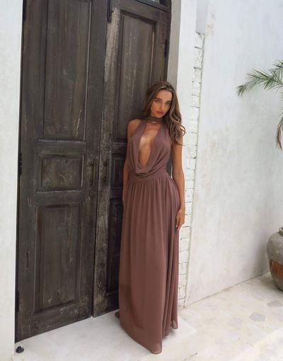 Aria Cove Aria Cove plunge cowl neck wrap scarf detail maxi dress in mocha-Brown