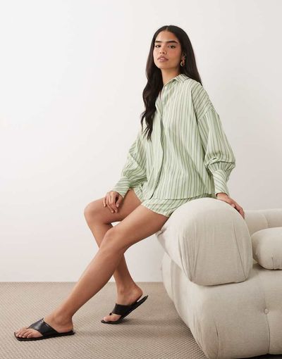 Aria Cove Aria Cove pocket front deep cuff oversized shirt in green stripes - part of a set
