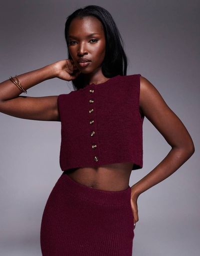 Aria Cove Aria Cove rib knit cropped button up sleeveless vest in burgundy - part of a set-Red