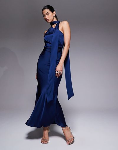 Aria Cove Aria Cove satin ruched side scarf detail maxi dress in navy