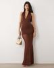 Aria Cove Aria Cove slinky plunge halterneck sheer hem maxi dress in chocolate-Brown - 1
