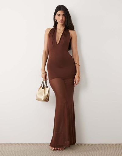 Aria Cove Aria Cove slinky plunge halterneck sheer hem maxi dress in chocolate-Brown