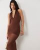 Aria Cove Aria Cove slinky plunge halterneck sheer hem maxi dress in chocolate-Brown - 3