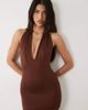 Aria Cove Aria Cove slinky plunge halterneck sheer hem maxi dress in chocolate-Brown - 4