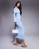 Aria Cove Aria Cove textured boucle ruched bardot fold-over maxi dress in blue-White - 1