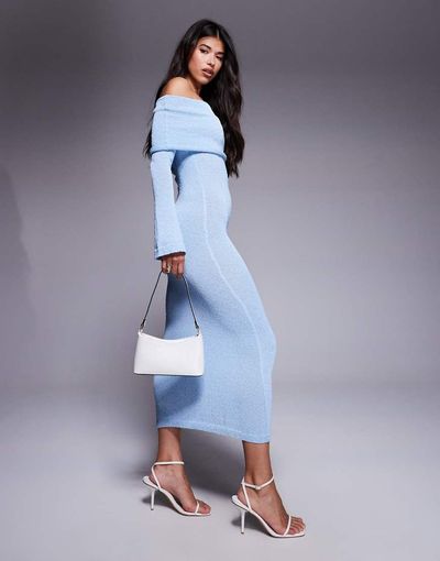 Aria Cove Aria Cove textured boucle ruched bardot fold-over maxi dress in blue-White