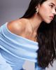 Aria Cove Aria Cove textured boucle ruched bardot fold-over maxi dress in blue-White - 3