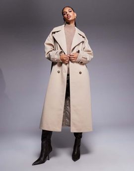 Aria Cove Aria Cove wool look heavyweight collared trench style maxi coat in beige-Neutral