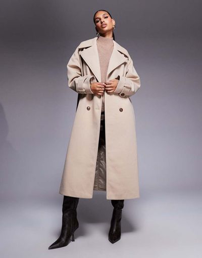 Aria Cove Aria Cove wool look heavyweight collared trench style maxi coat in beige-Neutral