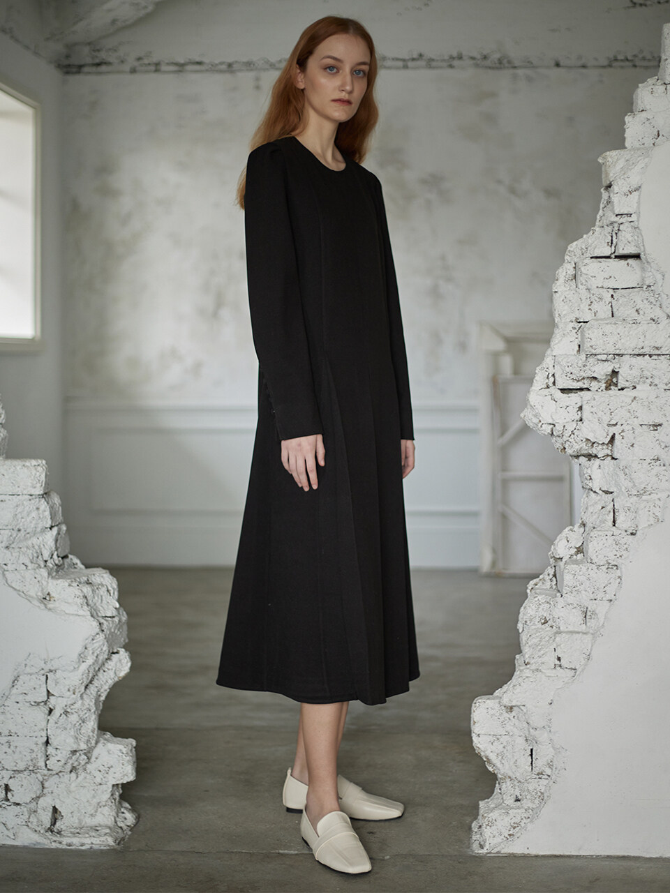 a.riff A-line Sleeves Button Long Dress (Black)
