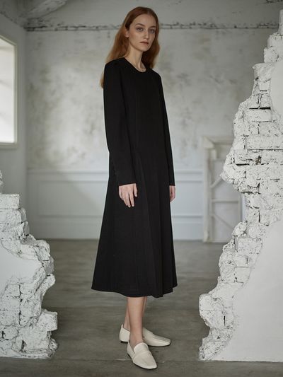 a.riff A-line Sleeves Button Long Dress (Black)