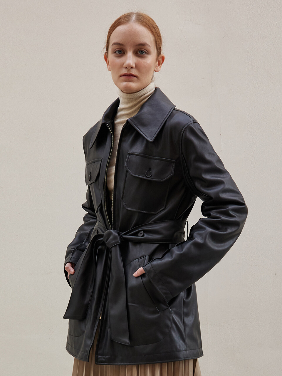 a.riff Faux Leather Half Belt Jacket (Black)