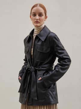 a.riff Faux Leather Half Belt Jacket (Black)