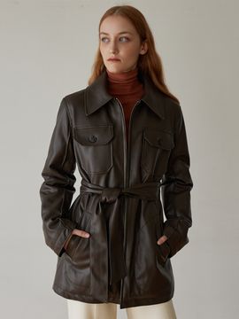 a.riff Faux Leather Half Belt Jacket (Brown)