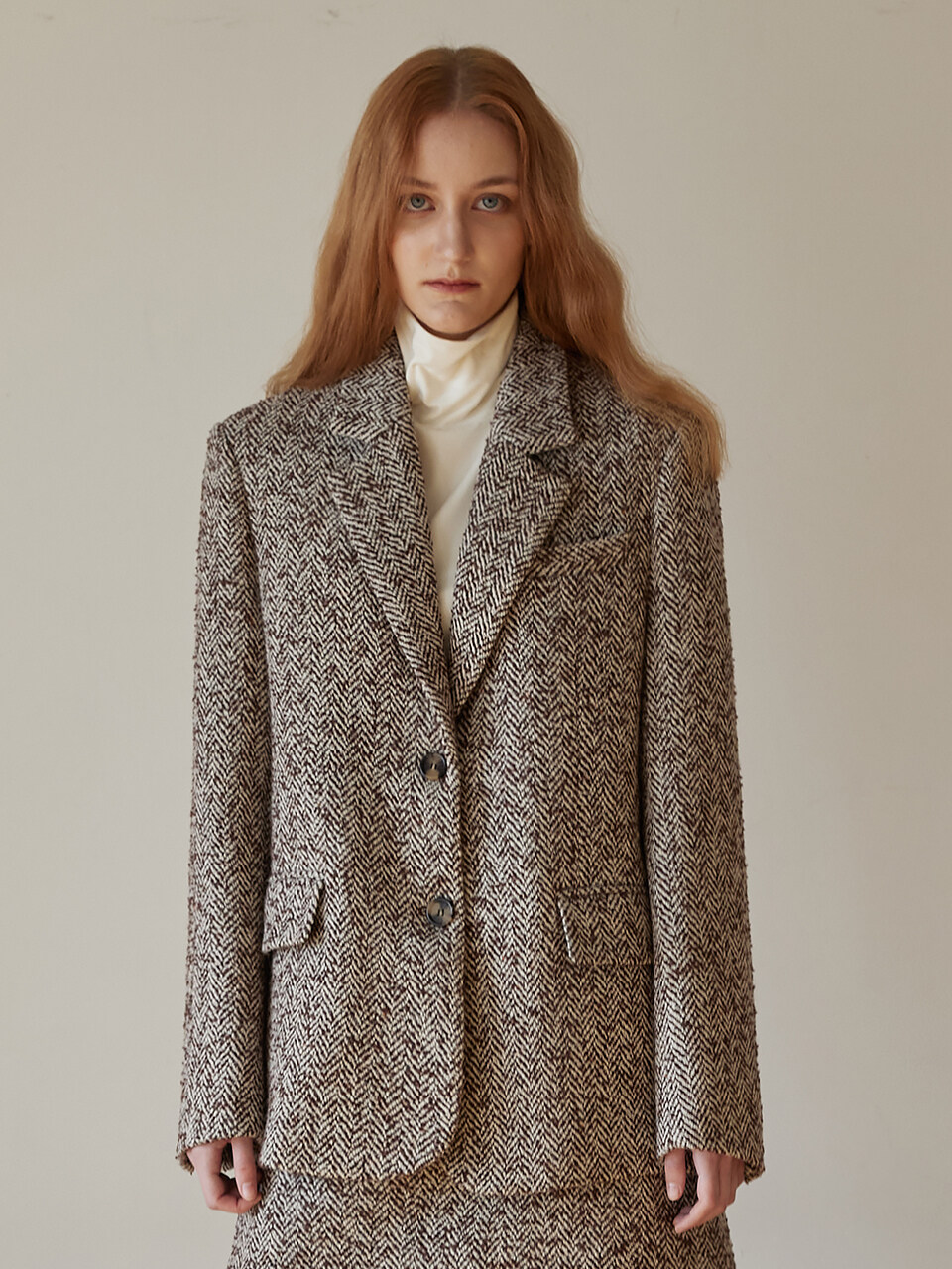 a.riff Herringbone Single Button Jacket (Brown)