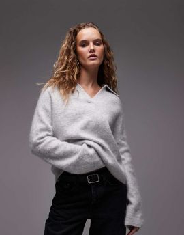 Arket ARKET alpaca and wool blend knit sweater with polo collar in heather gray