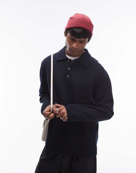 Arket ARKET boiled wool sweater with button polo collar in blue