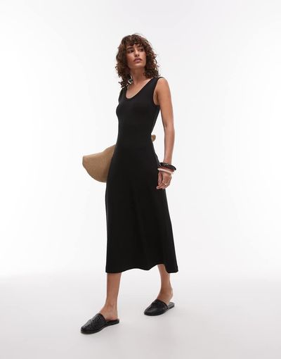 Arket ARKET compact rib knit sleeveless midi dress in black