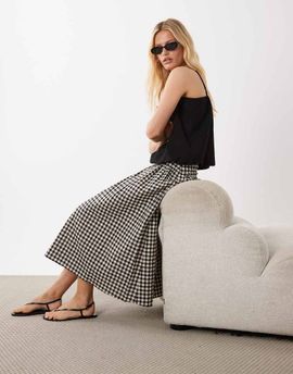 Arket ARKET cotton blend pull on midi skirt in black gingham print