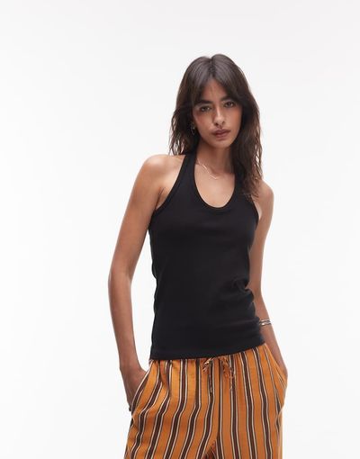 Arket ARKET cotton rich halter neck jersey top in black