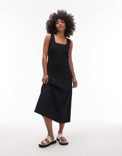 Arket ARKET cotton rich midi dress with smocked bodice and drop waist in black