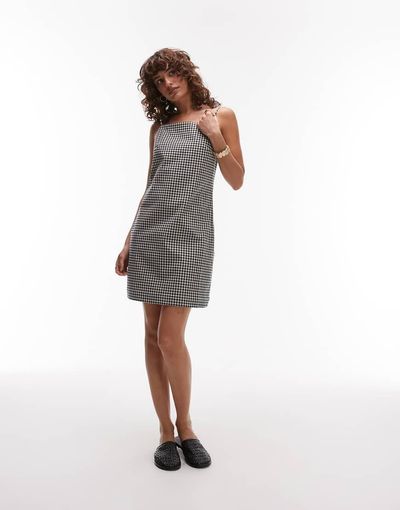Arket ARKET cotton rich square neck mini dress in black and white monochrome gingham plaid-Multi