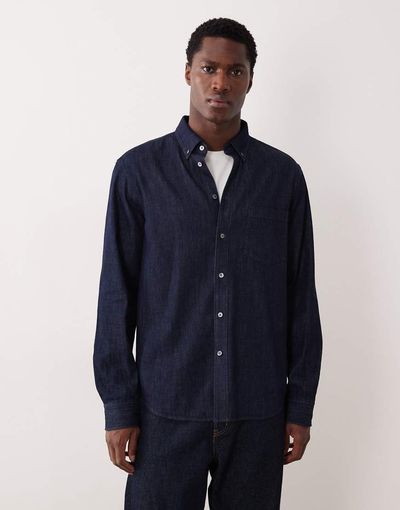 Arket ARKET denim chambray shirt with button collar in dark wash blue