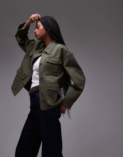 Arket ARKET denim jacket with patch pockets and cinch back in washed khaki-White