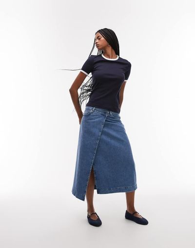 Arket ARKET denim midi wrap skirt in mid wash blue