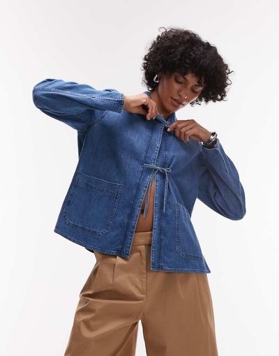 Arket ARKET denim shacket with tie front detail in mid wash blue